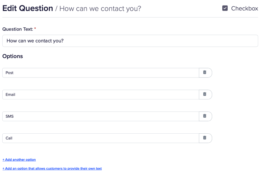Setting question options in CustomerSure