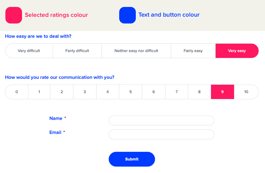 A CustomerSure survey showing the rating and secondary colours